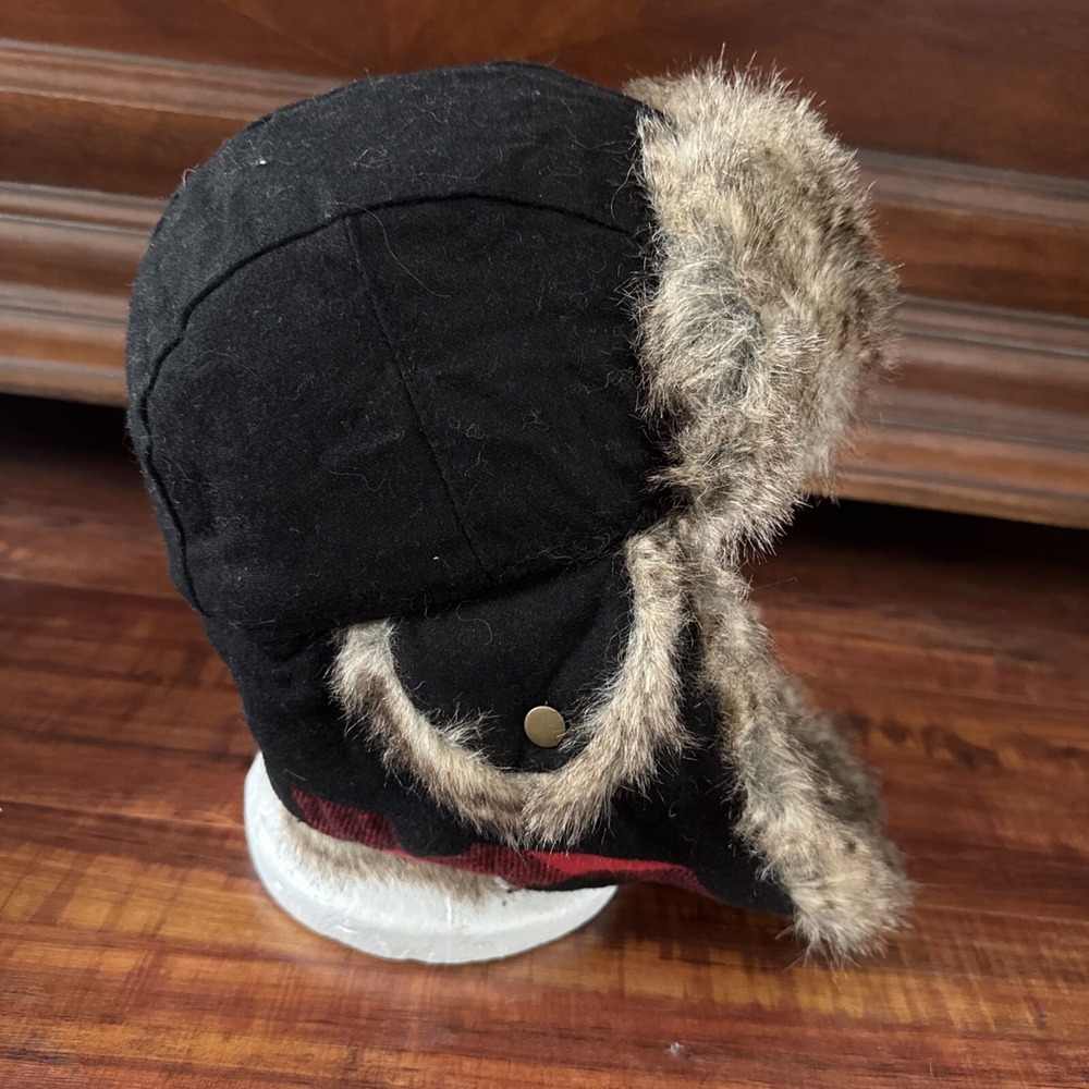 Woolrich Faux Fur Wool Blend Trapper Hat  Plaid Unisex Small Medium Lined Red